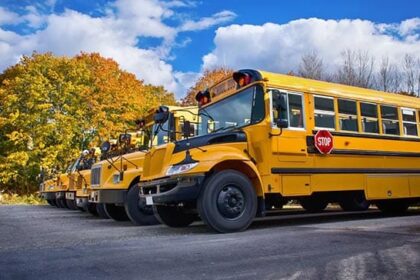School buses lined up and ready for kids coming back to school.