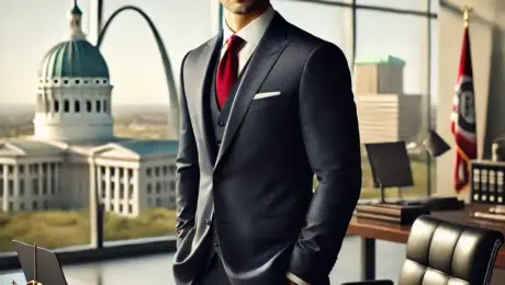 A Kansas City personal injury attorney standing in front of desk in modern office.
